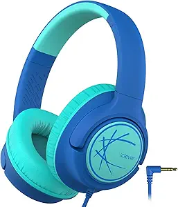 iClever Kids Headphones with Cord, 85dBA Safe Volume Wired Headphones for Kids, Stereo Sound Foldable Adjustable, 3.5mm Jack, Over Ear Child Headphone for School/Boys/Girls/iPad/Tablet/Travel, Blue