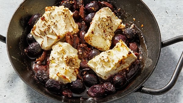roasted feta with grapes and olives