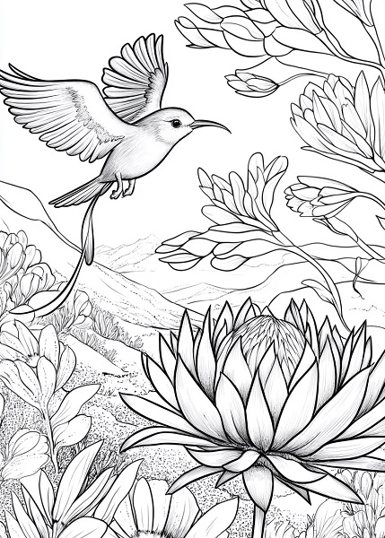 sugarbird_flying_near_a_King_Protea_colouring_page