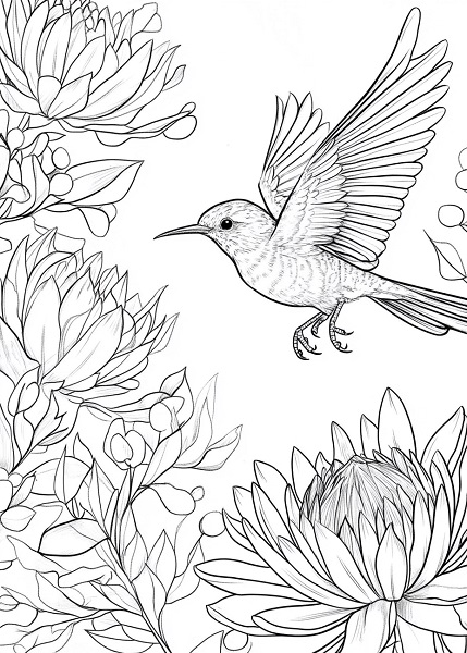 sugarbird_flying_near_a_King_Protea_colouring_page