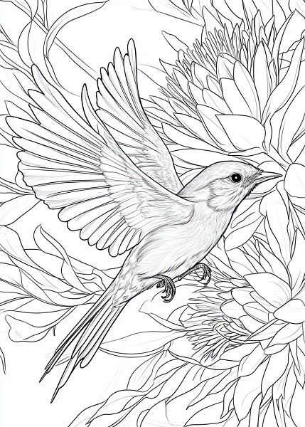 sugarbird_flying_near_a_King_Protea_colouring_page